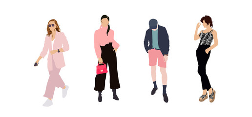 Set of fashion people. Vector flat design colorful fashionable people standing in different poses. Women and a man inluxury clothes