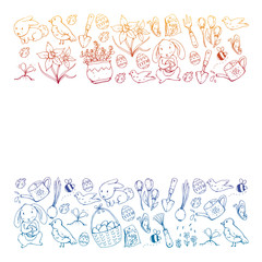 Vector pattern with easter and spring elements. Eggs in basket, bunny, flowers, birds