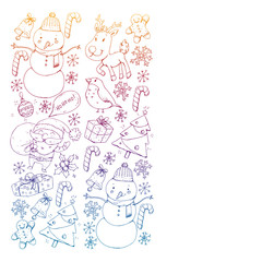 Christmas winter party. Happy new year. Bullfinch, Santa Claus, snowman, deer. Presents and candy.