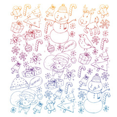 Christmas winter party. Happy new year. Bullfinch, Santa Claus, snowman, deer. Presents and candy.