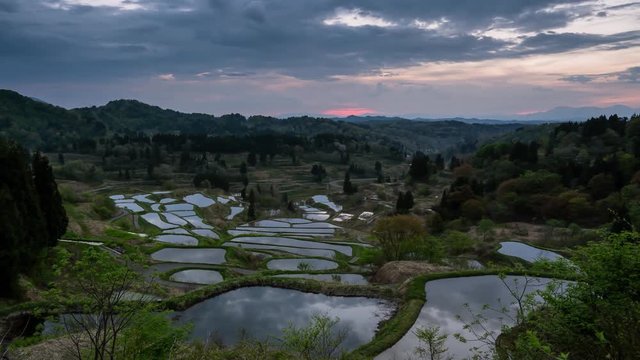 Sunrise at Hoshitoge rice terrace in Tokamachi Niigata. Timelapse 4K