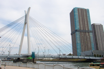 Naklejka premium City view from Tsukuda Island, Chuo, Tokyo, Japan