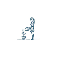 hand drawn illustration of business women give water to plant growth