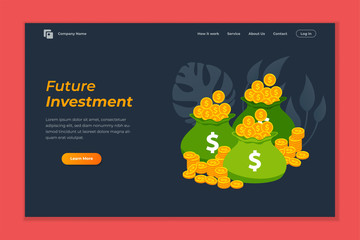 Naklejka premium investment web banner background template. pile of coins and banknote illustration