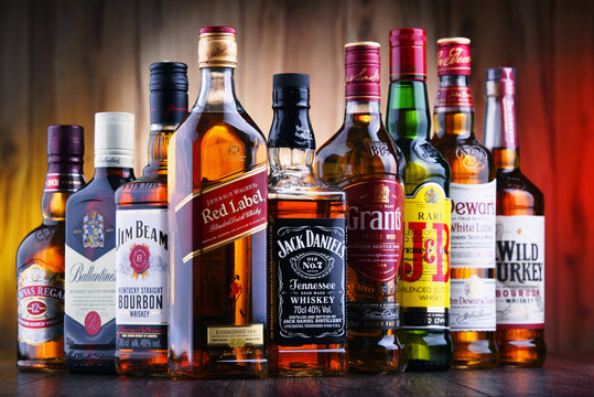 Bottles of several global whiskey brands