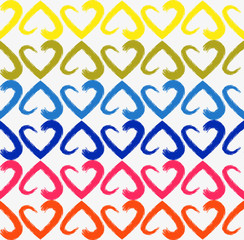 Seamless pattern of chains of multicolored hearts from watercolor brush on white background. Chains of hearts are arranged horizontally. Vector drawing in Scandinavian style.