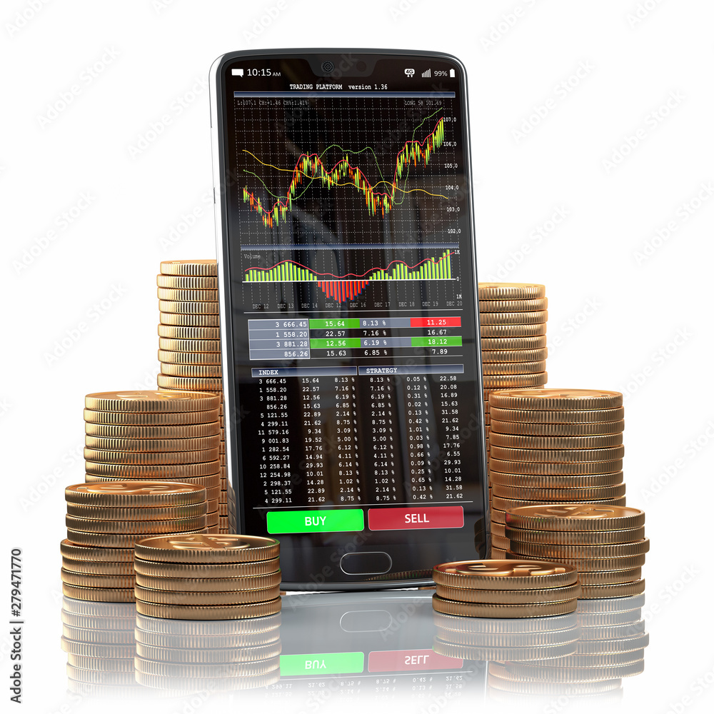 Poster mobile phone with forex application on the screen and stacks of coins. online stock trading, stock e