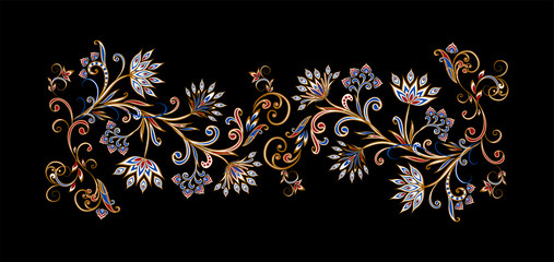 Bouquet of fantastic flowers. Background in ethnic traditional style. Abstract vintage pattern with decorative flowers, leaves and Paisley pattern in Oriental style.