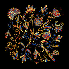Bouquet of fantastic flowers. Background in ethnic traditional style. Abstract vintage pattern with decorative flowers, leaves and Paisley pattern in Oriental style. - 279472545