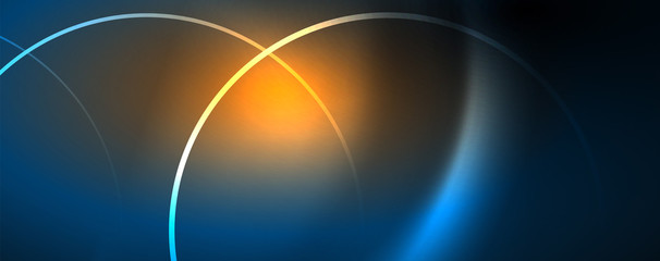 Trendy neon blue abstract design with waves and circles. Neon light glowing effect. Abstract digital background.