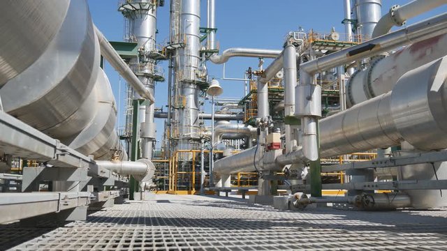 Process area structure , piping , engineering equipment in petroleum refinery plant , Video for technology and Oil and gas industrial concept