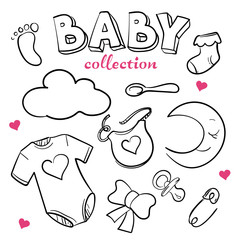 Set of doodle sketch illustration baby vector symbols in black color with pink hearts