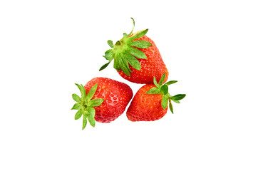 Three strawberry berries isolated on white background. The view from the top.