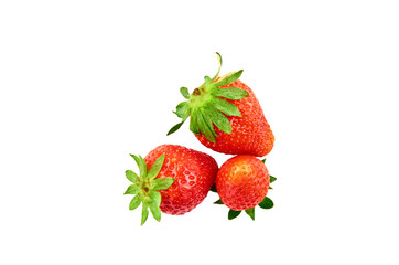 Three strawberry berries isolated on white background. The view from the top.