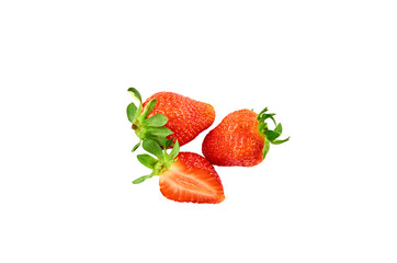 Strawberry berries and strawberry slice, Isolated on a white background. Organic food. The view from the top.
