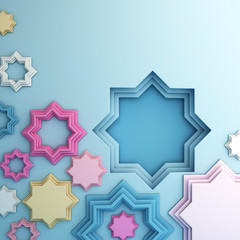 Colorful arabic paper cut window on blue pastel background.  Design creative concept of islamic celebration day ramadan kareem or eid al fitr adha, hajj, hijri, mawlid. 3D rendering illustration.