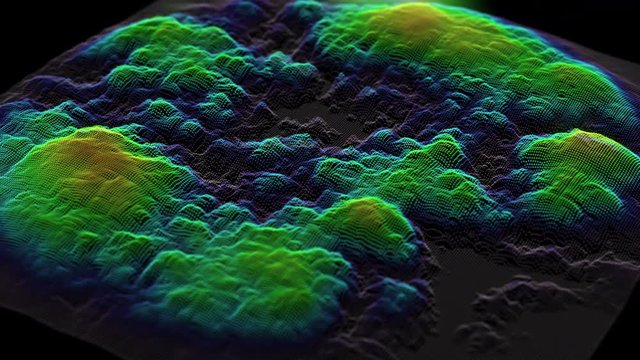 motion graph coloured waves grow and decrease in shape intensively changing colour from pink through green to brown on grey square in dark background. 3d animation. Business and finance concept.