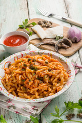 trofie pasta with cod fish ragout