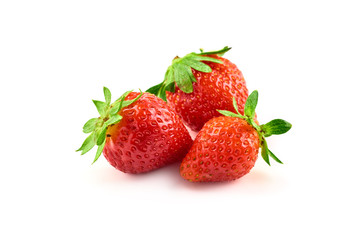 Three strawberry berries isolated on white background.