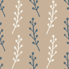 Seamless pattern in retro style of twigs with berries on brown background. Earthy color endless vector illustration. © inspiretta