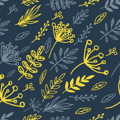 Dark blue seamless pattern of yellow branches, leaves and berries viburnum.
