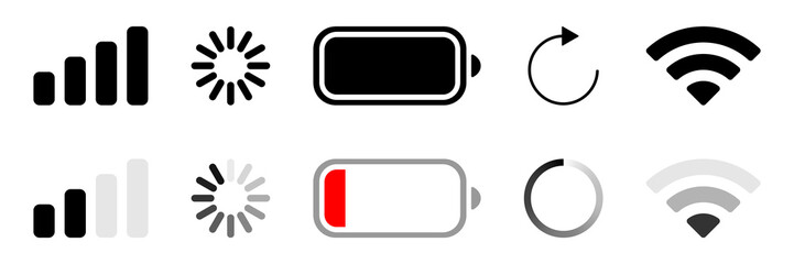 Symbols notify charging and discharging, connecting and loading. Badges for gadgets.