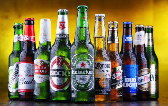 Bottles of famous global beer brands