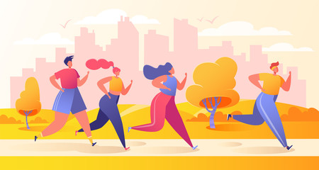 Group of cartoon, flat characters running in the city park during the early warm autumn. Healthy lifestyle concept, outdoor. Sport competition. Athlete sprinter, sportsmen and sportswomen run.