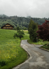 curved path in a mountain in switzerland with a cloudy sky