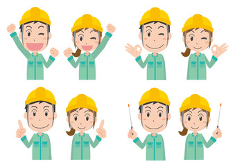 作業員ヘルメット男女ポーズ上半身セット