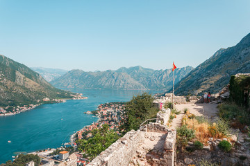 Cityscape of old city Kotor, bay in Adriatic sea surrounded by mountains, Montenegro. View from...