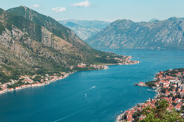 Fototapeta na wymiar Cityscape of old city Kotor, bay in Adriatic sea surrounded by mountains, Montenegro. View from above