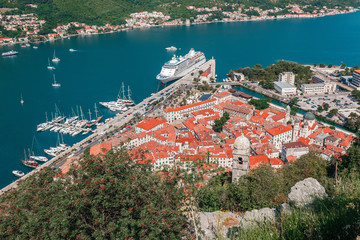 Cityscape of old city Kotor, bay in Adriatic sea surrounded by mountains, Montenegro. View from...
