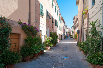 Fototapeta na wymiar Street lined with plants in flowerpots in small Italian town of Orbetello
