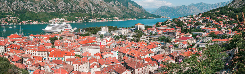 Cityscape of old city Kotor, bay in Adriatic sea surrounded by mountains, Montenegro. Panoramic...