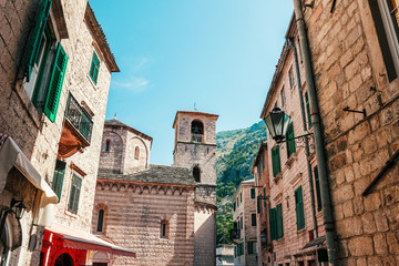 Old historical buildings in the central district of ancient city Kotor in Montenegro