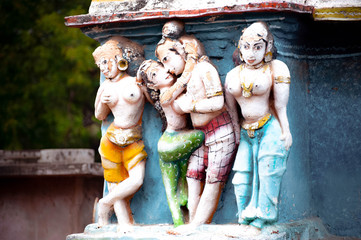 Hindu religious art. Ancient statue pantheon of Gods at Temple gopura (tower) facade. South India, Tamil Nadu