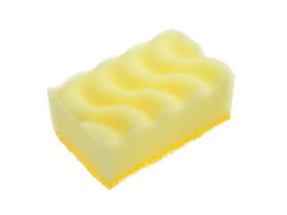 Yellow kitchen sponge on a white background. Kitchen utensils close-up.