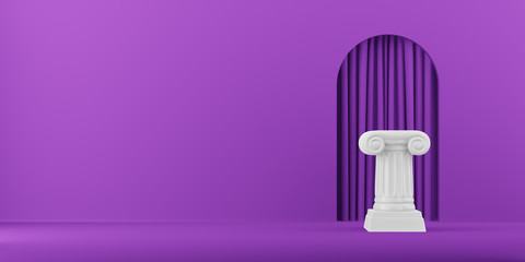 Abstract podium column on the fuchsia background with arch. The victory pedestal is a minimalist concept. 3D rendering.