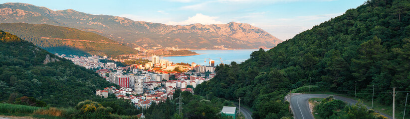 Panoramic view from above to the city Budva on Adriatic sea coast, Montenegro