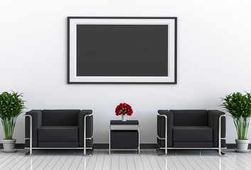 mock up poster frame in interior living room and sofa, armchair.  3D render