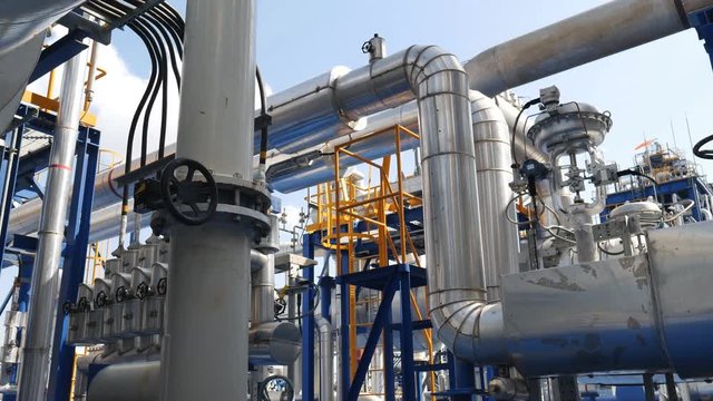 Process area structure , piping , engineering equipment in petroleum refinery plant , Video for technology and Oil and gas industrial concept