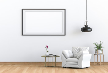 mock up poster frame in interior living room and sofa, 3D render