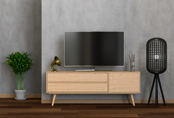 3D rendering of interio living room with Smart TV, cabinet, lamp and plant.