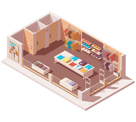 Vector isometric clothing store interior cutaway icon. Illustration Includes fitting rooms, shop furniture, anti-theft gates and clothes on the hangers