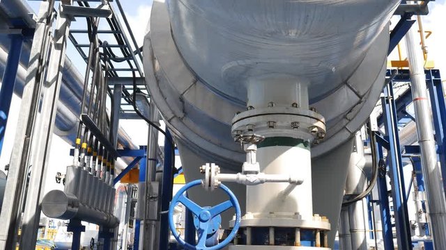 Process area structure , piping , engineering equipment in petroleum refinery plant , Video for technology and Oil and gas industrial concept