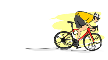 Fototapeta premium Professional road bike bicycle racer in action speeding single line bad drawing with water color efect flat style illustration
