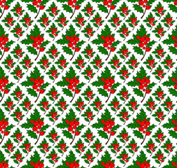 Vector seamless background with Holly leaves and berries