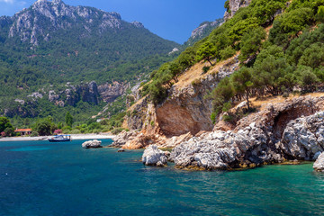Scenic view of the Aegean Islands. The unique shades of the sea and the rocks covered with pine trees.