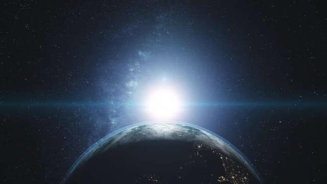 computer graph rotating planet Earth with blue halo and white clouds orbits about bright Sun in outer space. 3d animation. Science and technology concept. 4K. Elements of this media furnished by NASA
